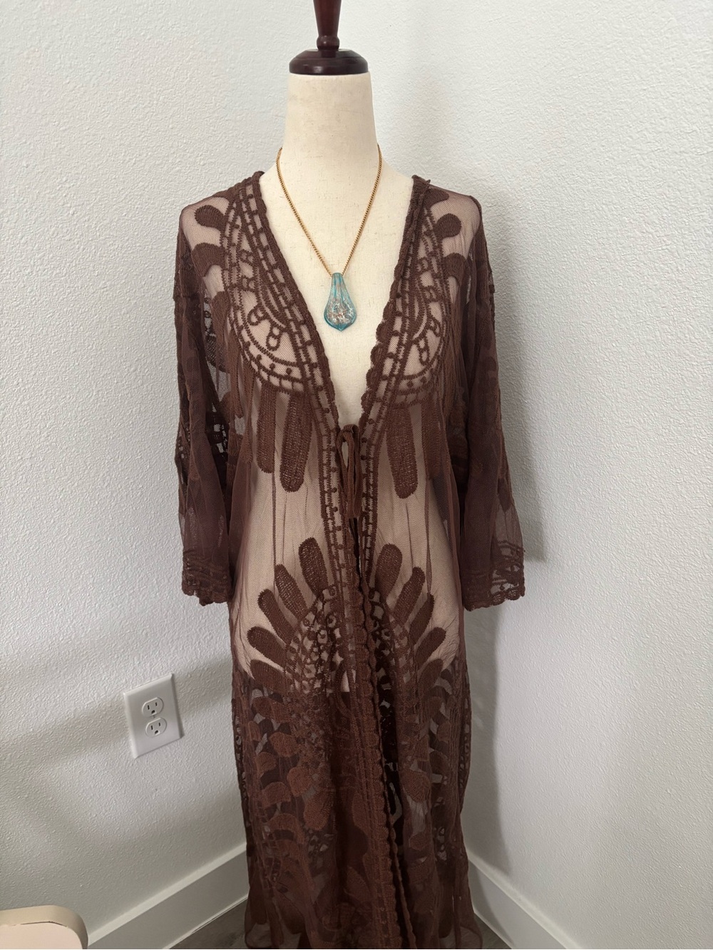 Swimsuit Beach Cover Up Crochet Look Lace Brown Final Sale OS Ships Quickly - Picture 8 of 8